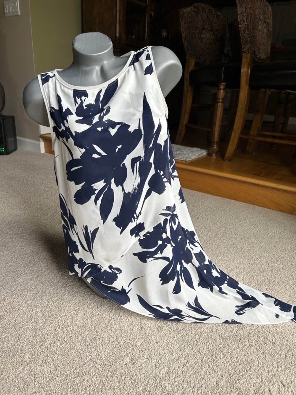 WHITE HOUSE, BLACK MARKET, NAVY BLUE AND WHITE ASYMMETRIC TANK TOP